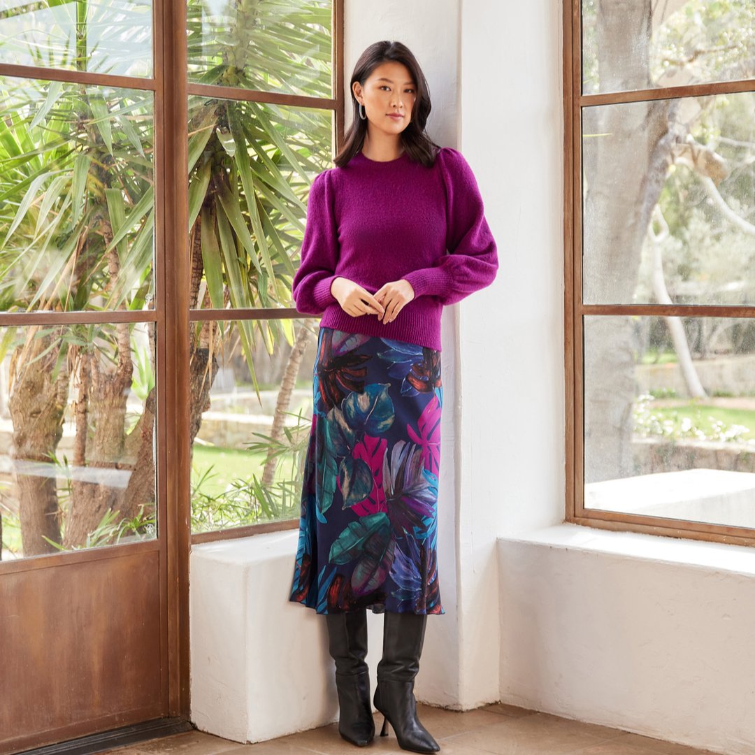 Magical magenta! The color of the season, paired here with our printed Bias Cut Midi Skirt.