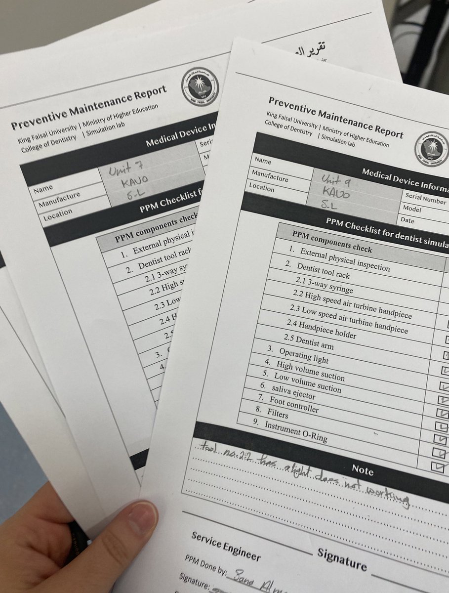 _s01xi's tweet photo. One of tasks we were assigned to do is PPM for all the simulation lab devices to practice before doing PPM for real dental clinic (supervised by Eng. Mishal Almaglooth &amp; Eng. Jihan Aleid). https://t.co/lGIBoor3V8