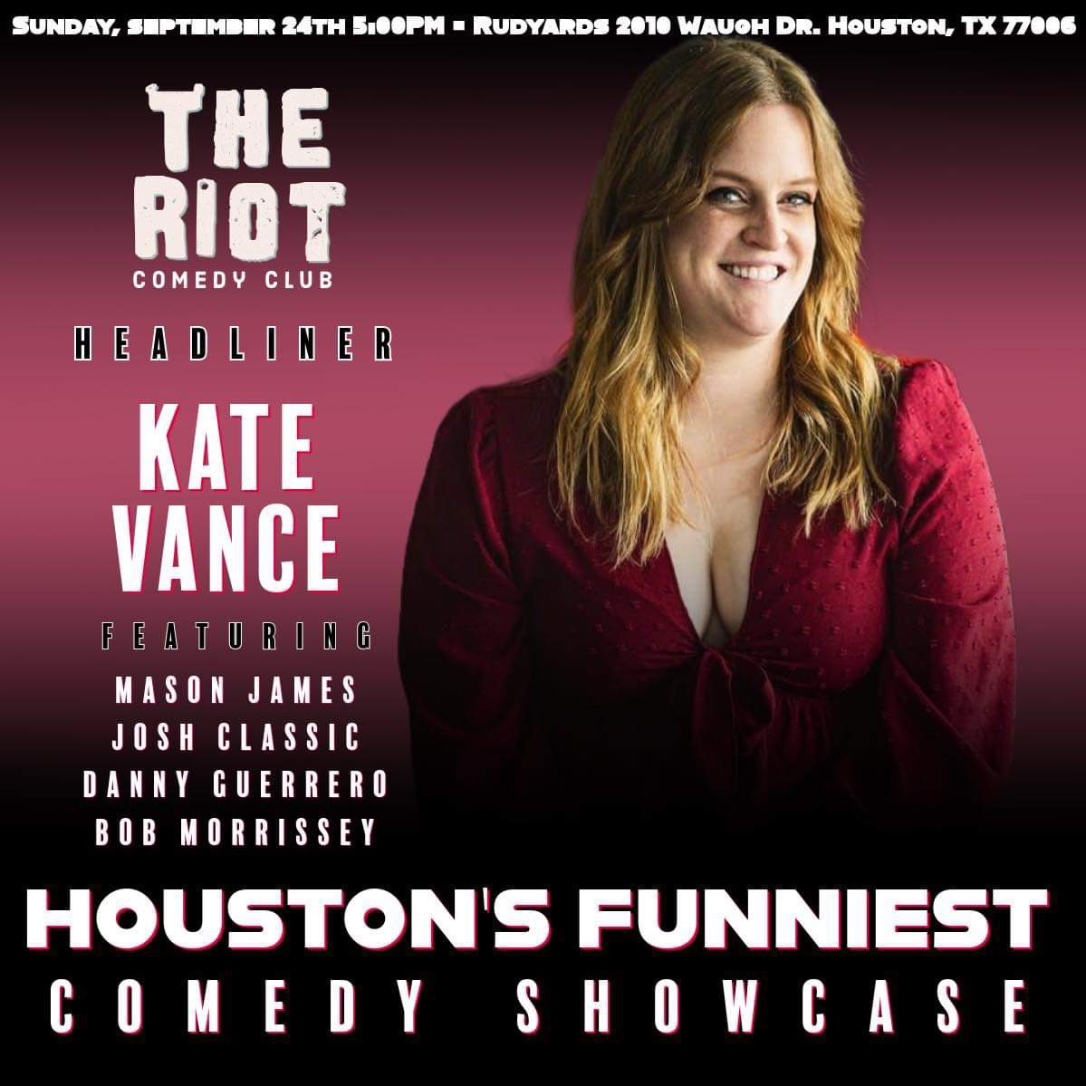 JoshClassic's tweet photo. Come watch me and the homies make you laugh this Sunday over at the Riot with headliner Kate Vance. You definitely won’t want to miss it. 

#Comedy #HoustonComedy #Houston #Texas #BeSomeone #JoshClassic #JoshClassicComedy #Jokes #Funny  #TikTok   
 #TheRiot #TheRiotComedyClub https://t.co/SUrXjDDnWv