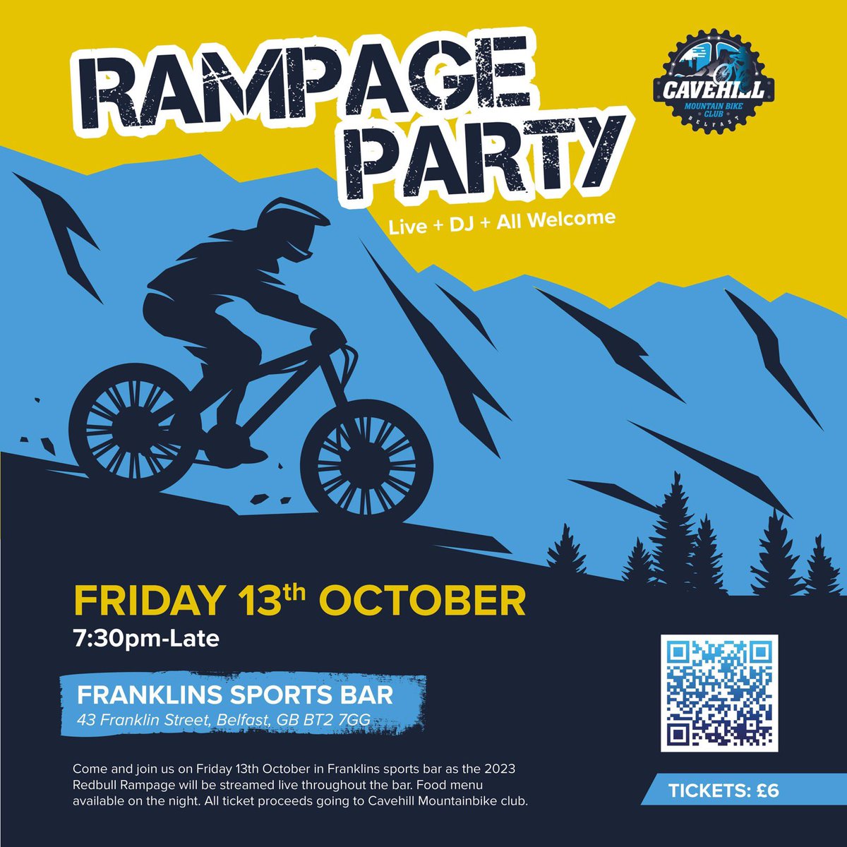 Watch the Redbull Rampage live in Franklins Sports Bar Friday 13th October. Streaming the Redbull Rampage live on all screens. Full drinks service &amp; bar food menu available. Proceeds to help support the "Middle trail". Tickets skiddle.com/e/36656053 DJ playing after the Rampage.