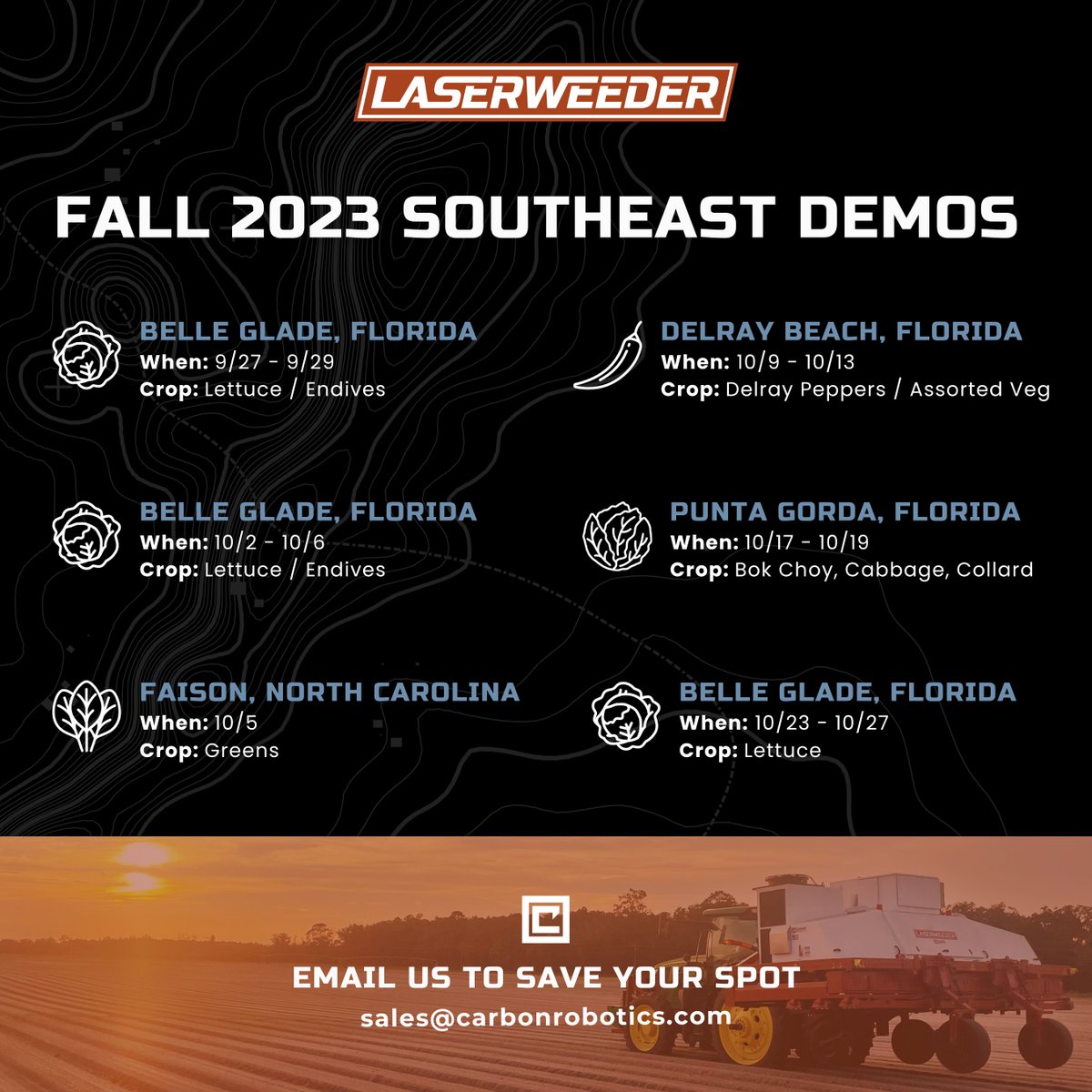 #Robots with #lasers are invading the #Southeast!

We're inviting you to witness the power of LaserWeeder in person. Join us and experience the #FutureOfFarming! 🌱🤖

Email sales@carbonrobotics.com to save your spot.

#floridafarmers #florida #belleglade #delray #northcarolina