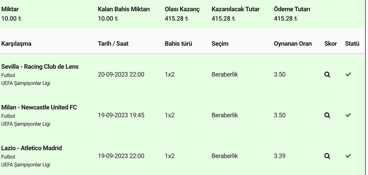 Beraberlik analizleriyle yüksek orandan kazandıran yazarımız <a href="/bahadircevik/">Bahadir Cevik</a>'in Şampiyonlar Ligi için önerdiği 41.52 oranlı 3 beraberlik bahisi de tutmuştur. Takip edenler yüksek oranlardan kazanıyor. Yazarımızı tebrik eder oynayanlara iyi harcamalar dileriz 🥳