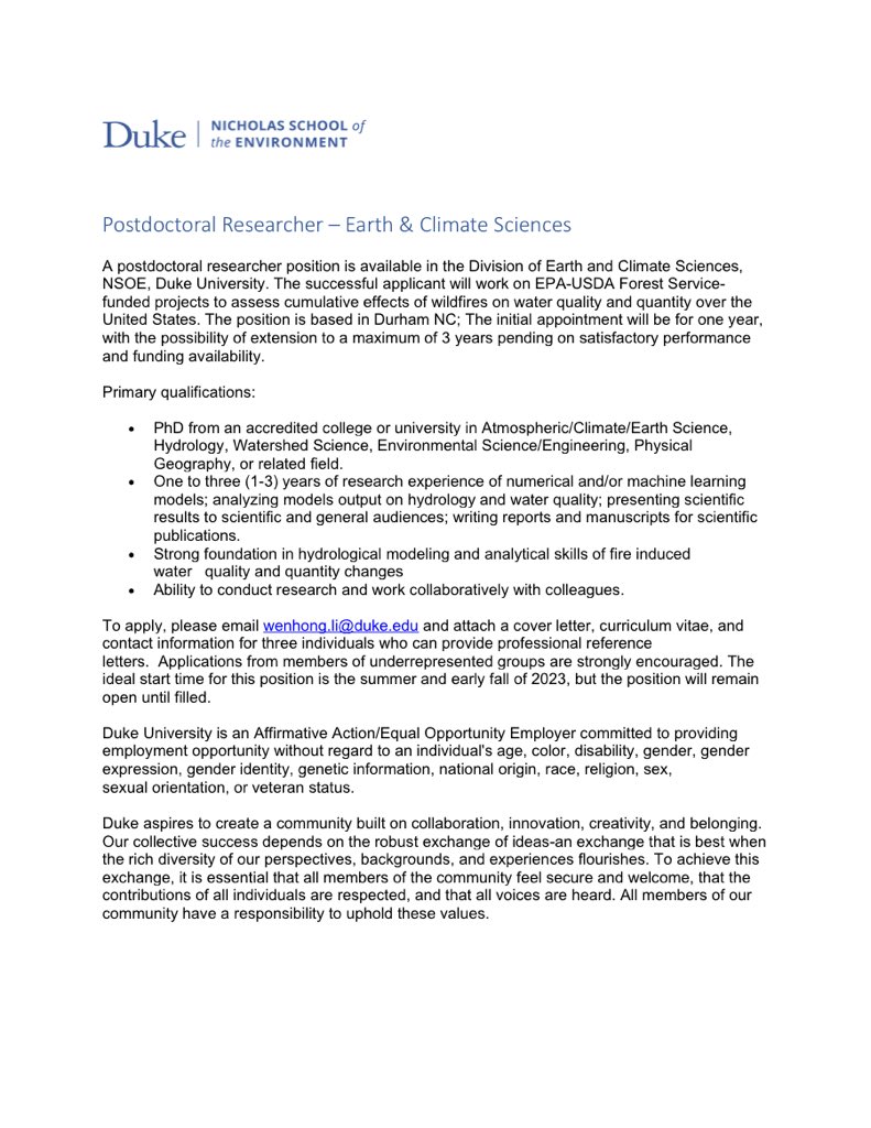 Huilin Gao (@gaohydro) on Twitter photo Exciting postdoc position available with Dr. Wenhong Li at <a href="/DukeU/">Duke University</a>!! More details about the application can be found here: nicholas.duke.edu/sites/default/…
Kindly email Dr. Li at wenhong.li@duke.edu, if you are interested! Exciting postdoc position available with Dr. Wenhong Li at <a href="/DukeU/">Duke University</a>!! More details about the application can be found here: nicholas.duke.edu/sites/default/…
Kindly email Dr. Li at wenhong.li@duke.edu, if you are interested!
