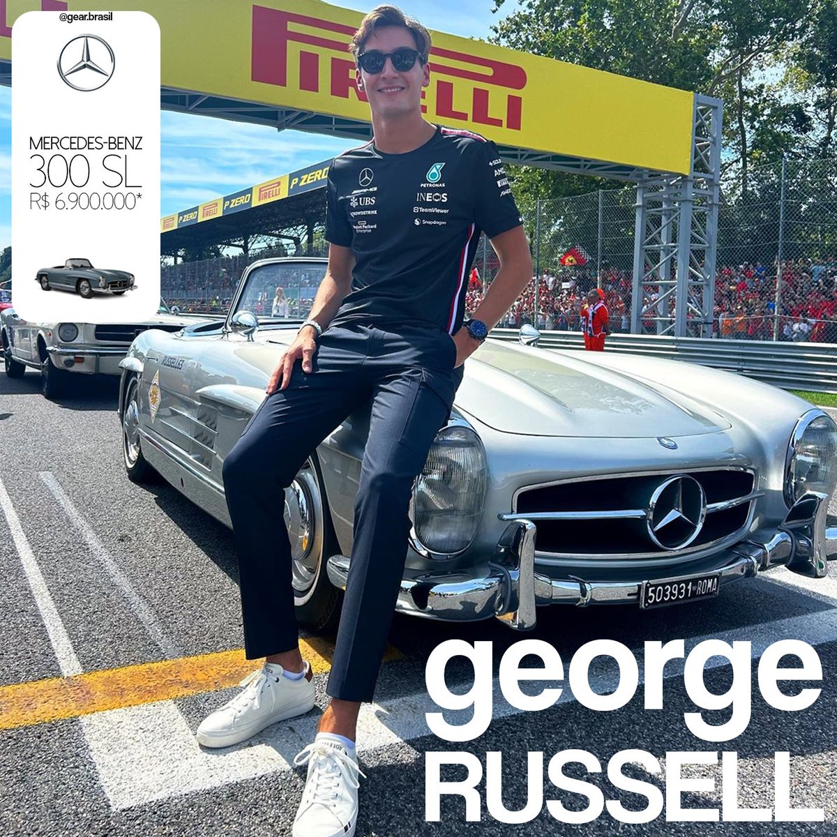 gear_brasil's tweet photo. O piloto de Fórmula 1 George Russell e um raríssimo Mercedes-Benz 300 SL Roadster. 

É movido por um motor 6 cilindros em linha de 218 cv de potência e 28 kgfm de torque máximo.

O 300 SL é capaz de fazer 0 a 100 km/h em 10 segundos e acelerar até os 217 km/h.

@GeorgeRussell63 https://t.co/GuC8eAadJ1