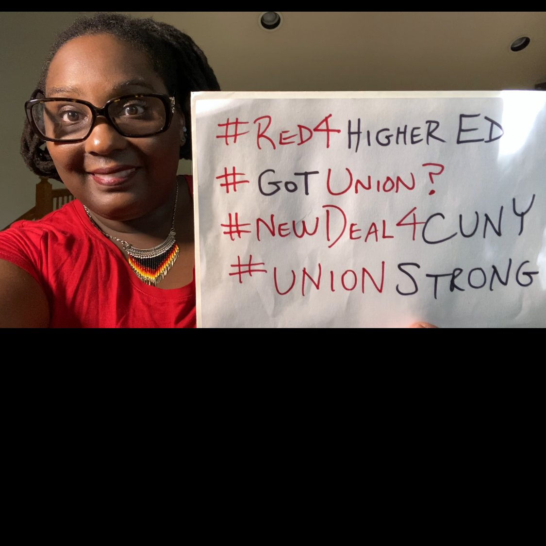 Union Week, wearing some red.  So many reasons to represent. ✊🏾Unions = Agency & power in societal/economic transformation = Protection of academic freedom = Steps towards liberation.  #Red4HigherEd #GotUnion? #NewDeal4CUNY #UnionStrong #InvestInCUNY #CareNotCuts #GetFree