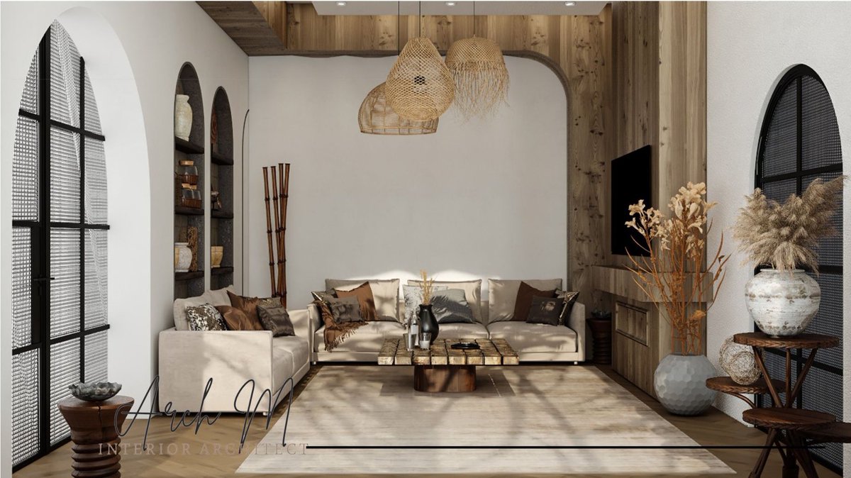 من أعمالي في التصميم الداخلي 

مجلس لشاليه بتصميم بوهيمي والذي يتميز بالألوان البنية والرمادية واستخدام الأخشاب والدمج بين الأشكال والمواد والخامات المختلفة✨