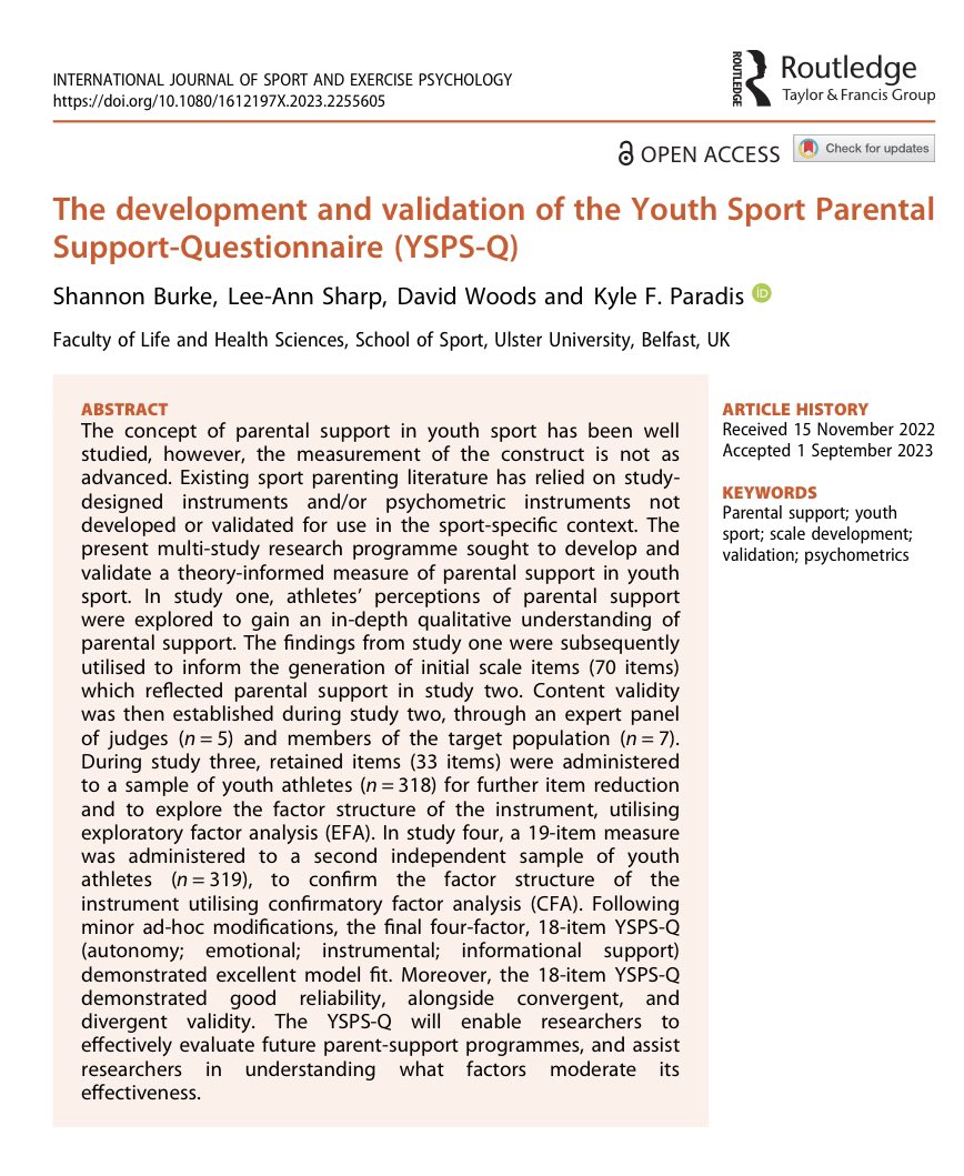 School of Sport & Exercise Science (@ulsterschsport) on Twitter photo 🚨 NEW PUBLICATION 🚨
Many congrats to Dr <a href="/ShannonBurke95/">Shannon Burke</a> who published her 4️⃣th paper as part of her PhD! 🥳👏
Shannon & her supervisory team (<a href="/KyleParadis/">Dr Kyle Paradis</a> <a href="/BigSisSharpy/">Dr Lee-Ann Sharp</a> <a href="/davegwoods/">David Woods</a>) have produced a new measure of parental support in youth sport 👉tandfonline.com/doi/full/10.10… 🙌 🚨 NEW PUBLICATION 🚨
Many congrats to Dr <a href="/ShannonBurke95/">Shannon Burke</a> who published her 4️⃣th paper as part of her PhD! 🥳👏
Shannon & her supervisory team (<a href="/KyleParadis/">Dr Kyle Paradis</a> <a href="/BigSisSharpy/">Dr Lee-Ann Sharp</a> <a href="/davegwoods/">David Woods</a>) have produced a new measure of parental support in youth sport 👉tandfonline.com/doi/full/10.10… 🙌
