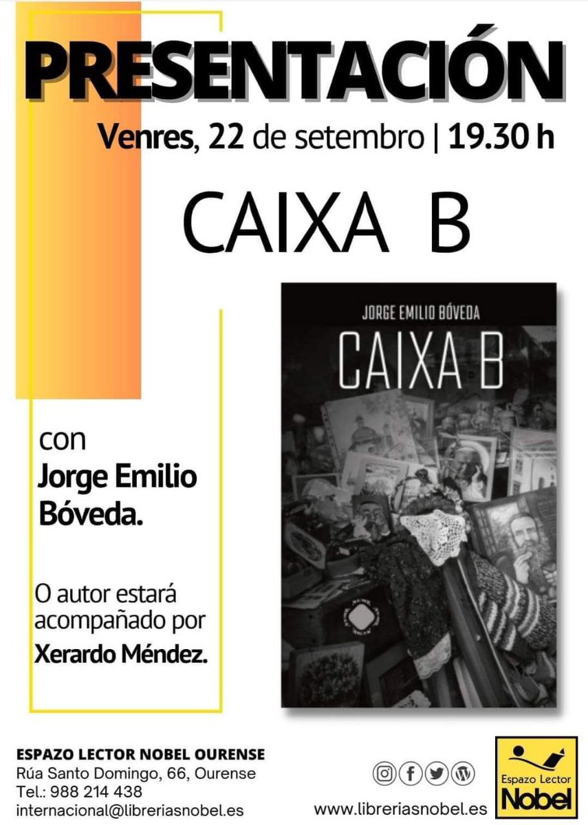 AELG (@aelg) on Twitter photo Ourense: presentación de Caixa B, de Jorge Emilio Bóveda: axendacultural.aelg.gal/2023/09/21/our… <a href="/DrVault/">Jorge Emilio Bóveda</a> <a href="/xerardomendez/">Xerardo Méndez</a> Ourense: presentación de Caixa B, de Jorge Emilio Bóveda: axendacultural.aelg.gal/2023/09/21/our… <a href="/DrVault/">Jorge Emilio Bóveda</a> <a href="/xerardomendez/">Xerardo Méndez</a>