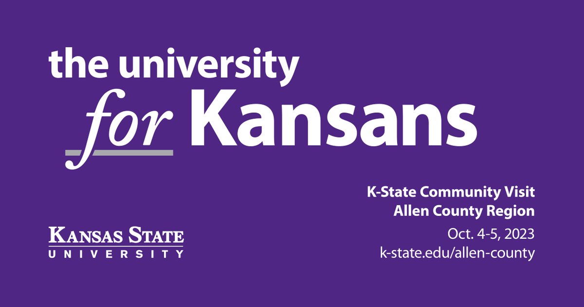 KState's tweet photo. K-State community visits are back and our first stop is Allen County on Oct. 4-5!
The visit includes two days of activities for K-State leaders and students to engage with, listen to and learn from Kansans in the area.
https://t.co/0VpI1d5aMP
#KStateforKansans | #KState https://t.co/l6Fv5Sct31