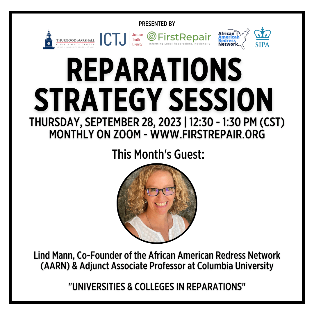 On Thursday, 9/28, our movement partner @firstrepair is hosting a Reparations Strategy Session with Linda Mann, co-founder of @RedressNetwork, another fantastic MP. Her research focuses on the intersection of U.S. history, human rights, and #reparations. firstrepair.org/event/monthly-…