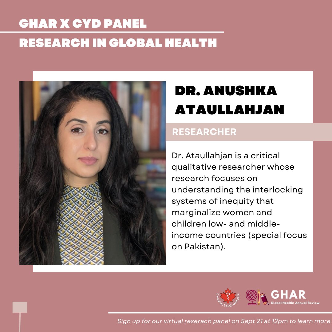Global Health: Annual Review (@mcmasterghar) on Twitter photo Introducing our panelist, Dr. Anushka Ataullahjan (<a href="/AAtaullahjan/">Anushka Ataullahjan, PhD</a>)! An expert in qualitative research, Dr. Ataullahjan's research focuses on understanding systems of inequity that women & children face in LMICs.🌎Join the discussion tomorrow, register here: eventbrite.ca/e/ghar-x-cyd-d… Introducing our panelist, Dr. Anushka Ataullahjan (<a href="/AAtaullahjan/">Anushka Ataullahjan, PhD</a>)! An expert in qualitative research, Dr. Ataullahjan's research focuses on understanding systems of inequity that women & children face in LMICs.🌎Join the discussion tomorrow, register here: eventbrite.ca/e/ghar-x-cyd-d…