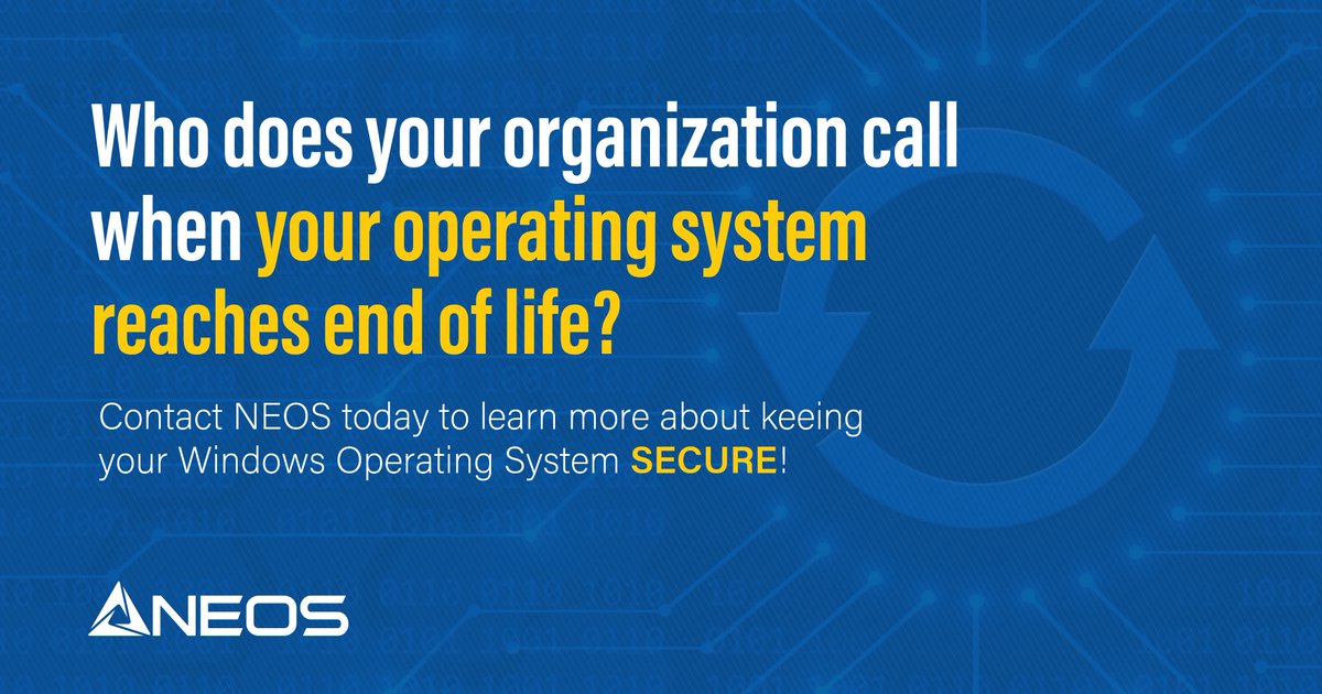 teamNEOS's tweet photo. Contact NEOS today to learn more about keeping your Windows operating system and organization secure!  

#NEOS #24x7 #CyberSecurity https://t.co/bksOxyBbNA