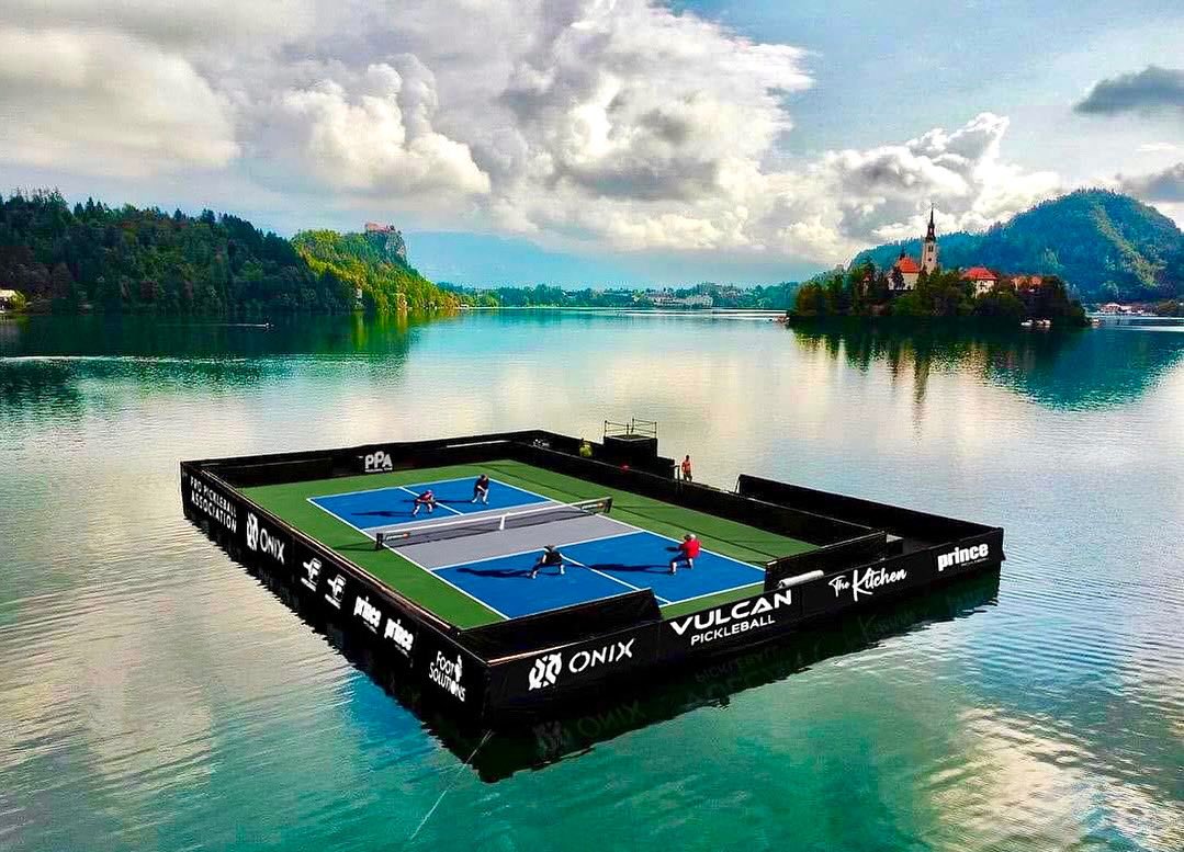 Luka Doncic's floating pickleball court on Lake Bled, Slovenia. Epic. 🏞️