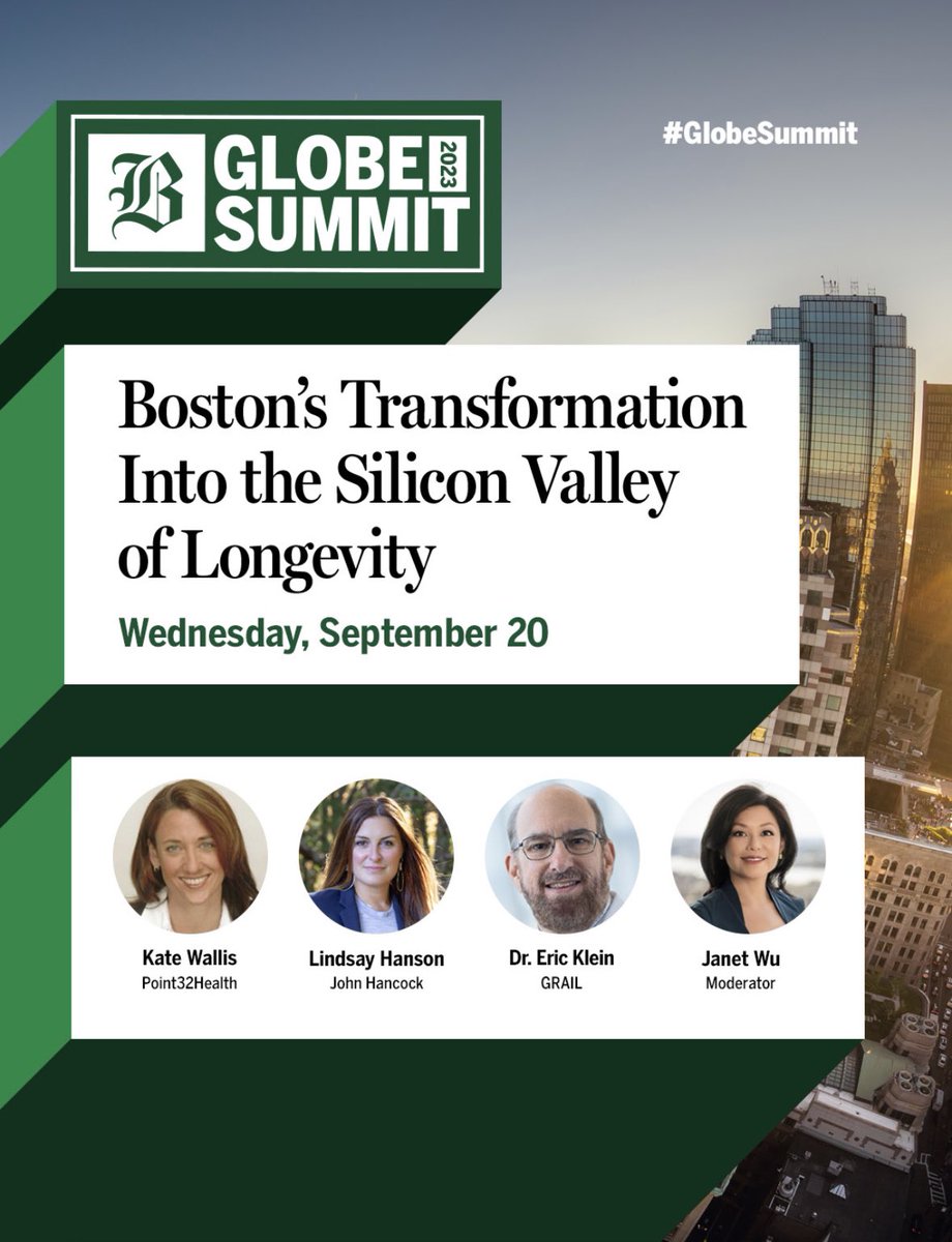 Started my day at the #GlobeSummit and returning at 3:40pm to discuss Boston’s role in the quest for longevity. You can join virtually or in person at @WBURCitySpace @globeevents @johnhancockusa @Point32Health @GrailBio Register: Globe.com/summit
