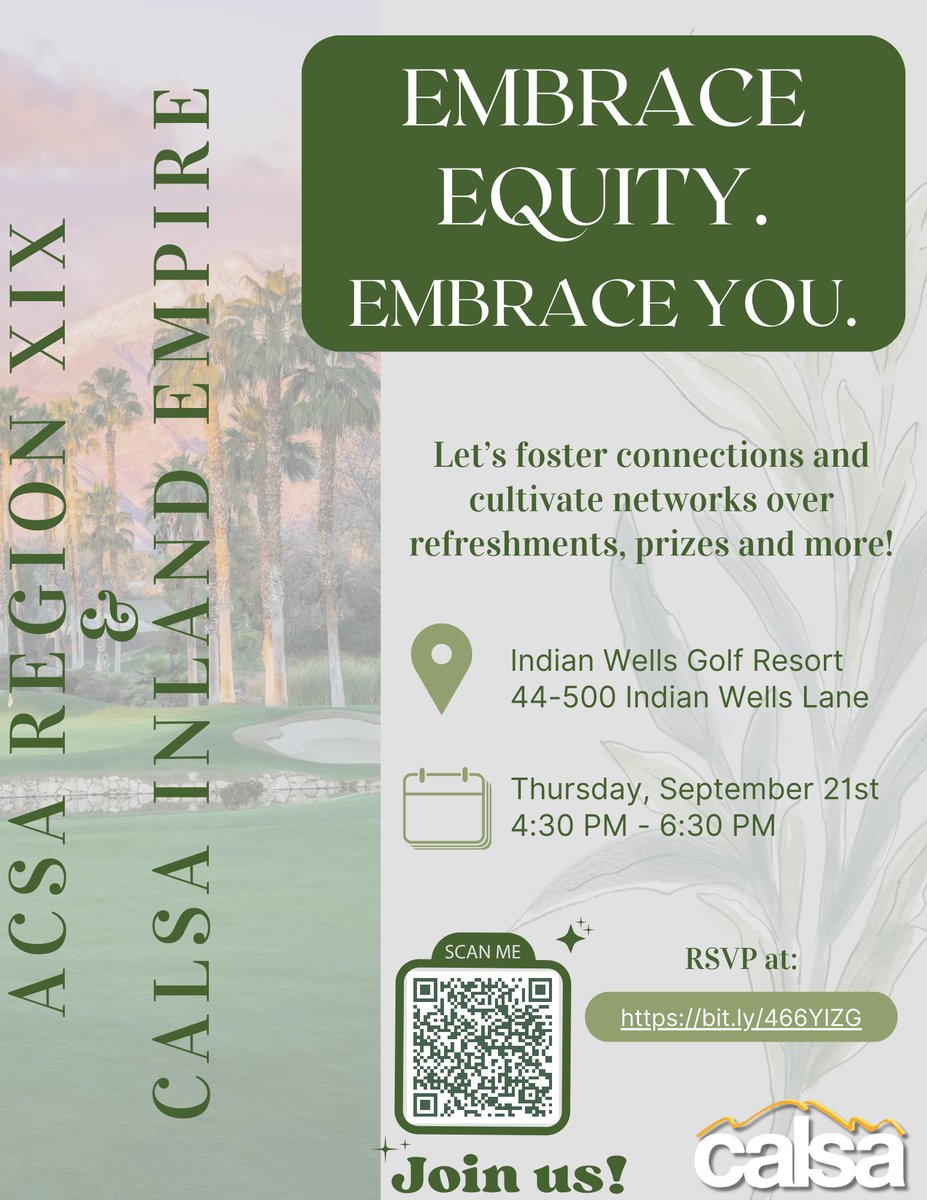 Time is running out to RSVP for the Calsa IE and @ACSARegionXIX reception happening tomorrow at the Indian Wells Golf Resort!🌴⛰ The views will be spectacular and the company will be even better! RSVP now to secure your spot: bit.ly/466YIZG