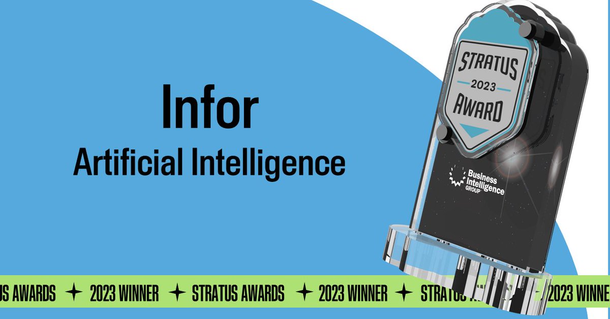 Infor's tweet photo. We are proud to announce Business Intelligence Group has awarded @Infor AI a 2023 #StratusAward for #CloudComputing for the second straight year.
Read the news bulletin: https://t.co/L2pc8pBOoK https://t.co/Y3CgrkW62u
