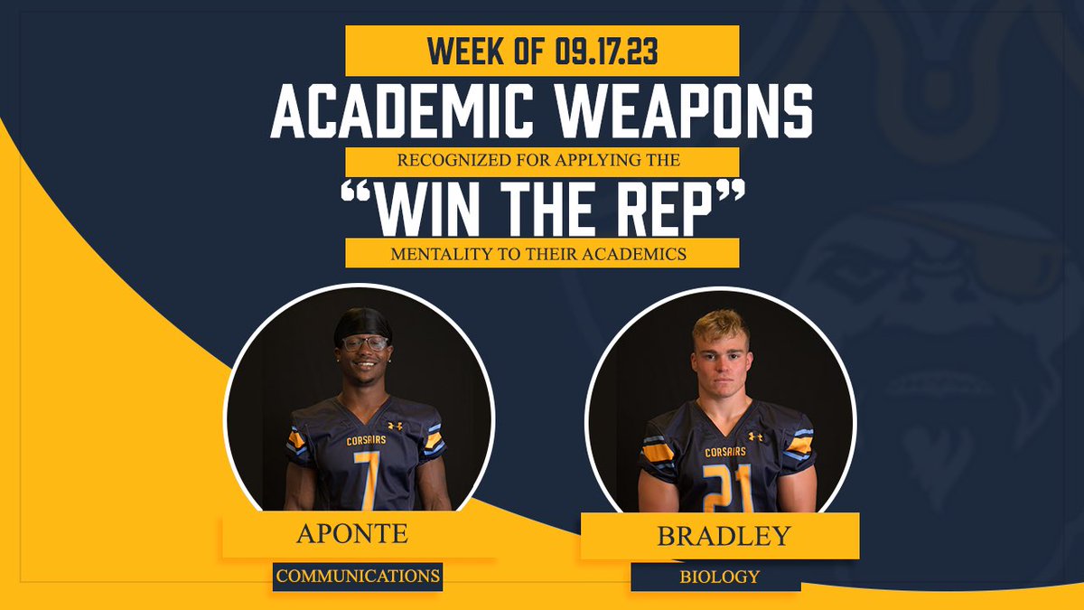 CorsairFootball's tweet photo. Shout out to Jr. Communications major Jalyn Aponte (@NatickAthletics) and So. Biology major Dylan Bradley (@WBSeniorHigh) for excelling academically this past week!

#AcademicWeaponWednesday📚
#WinTheRep🏴‍☠️ https://t.co/cHGL7JpORH
