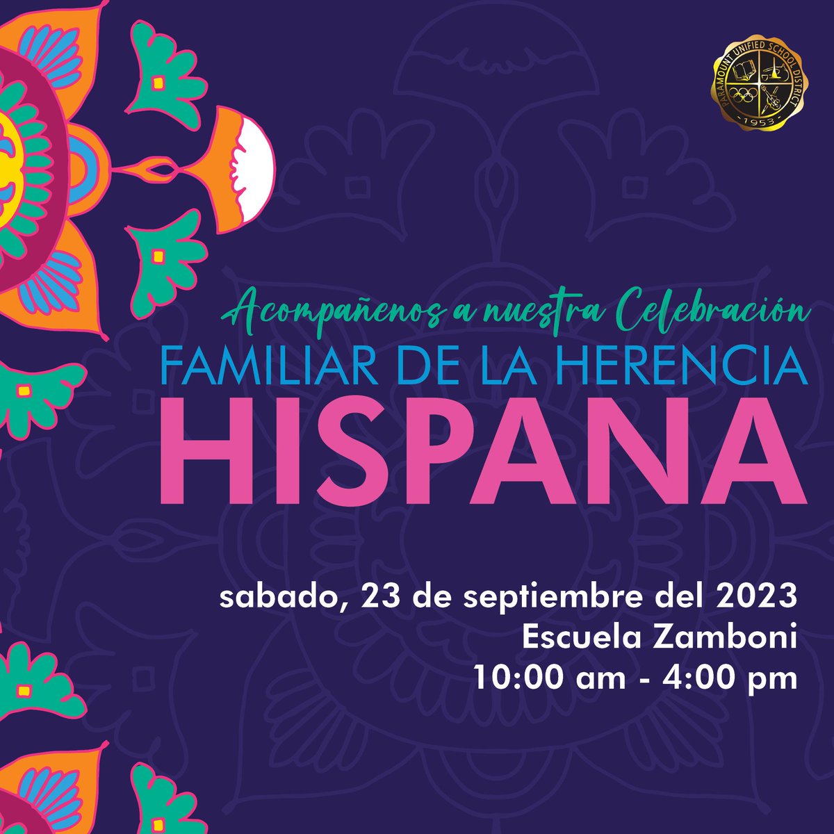 Join our Hispanic Heritage Day Celebration on Saturday, September 23, 2023
Zamboni Middle School
10:00 - 4:00
We will have a food trucks, Hispanic authors, music, entertainment,  and much more!