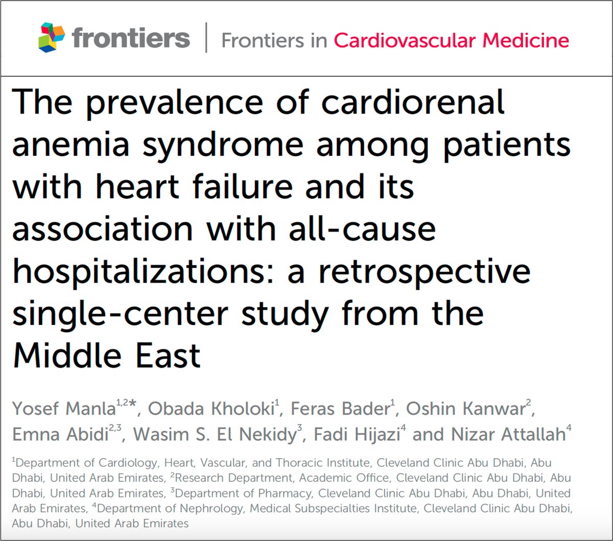 ManlaYosef's tweet photo. Sharing our work on #Cardiorenal syndrome (CRS) and Cardiorenal #Anemia Syndrome (CRAS) among our HF population @FrontCVMedicine :
🫀1 in 3 HF patients had CRS
🫀1 in 4 patients had CRAS
🫀CRAS rates were similar in HFpEF & HFrEF
🫀Anemia was linked to ⬆️ 1-year hospitalization in CRS patients

https://t.co/I3BiWIiR9u
#CardioTwitter #Cardiology