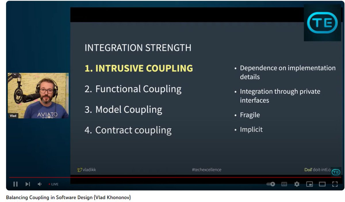 Just attended a really interesting & insightful meetup talk by @vladikk on 'Balancing coupling on software design'. youtube.com/live/nNFgOtN9G… #TIL #TechExcellence #Coupling #Architecture #SoftwareArchitecture #DDD #DomainDriven #Microservices #SoftwareEngineer #SoftwareEngineering
