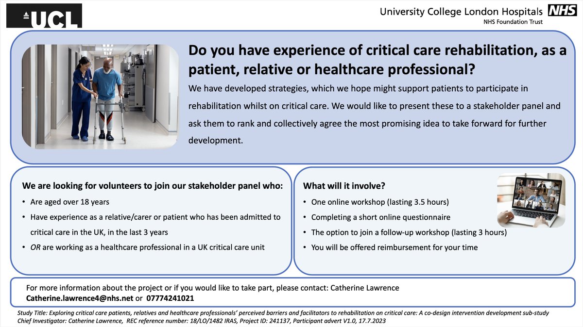 Are you a patient, relative, or healthcare professional with experience of critical care rehabilitation in the UK?

We are looking for volunteers to join 1-2 online workshops in November &amp; complete 1 questionnaire.

More details below - please contact me for more information 🙂