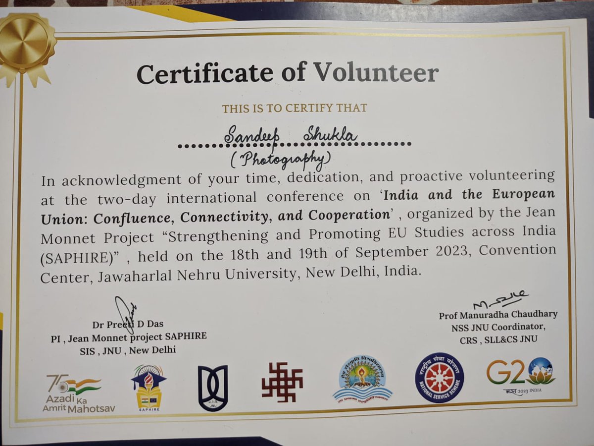 nccjnu's tweet photo. Congratulations! Sgt Sandeep Kumar Shukla for receiving Certificate of Appreciation from Prof. M. Rai, Hon'ble Chancellor of IGTMSU &amp; Prof. R.C.Gaur, Director of the NSD for volunteering as official photographer in international confrence on INDIA AND THE EUROPEAN UNION at JNU. https://t.co/K33Ai6eHU9