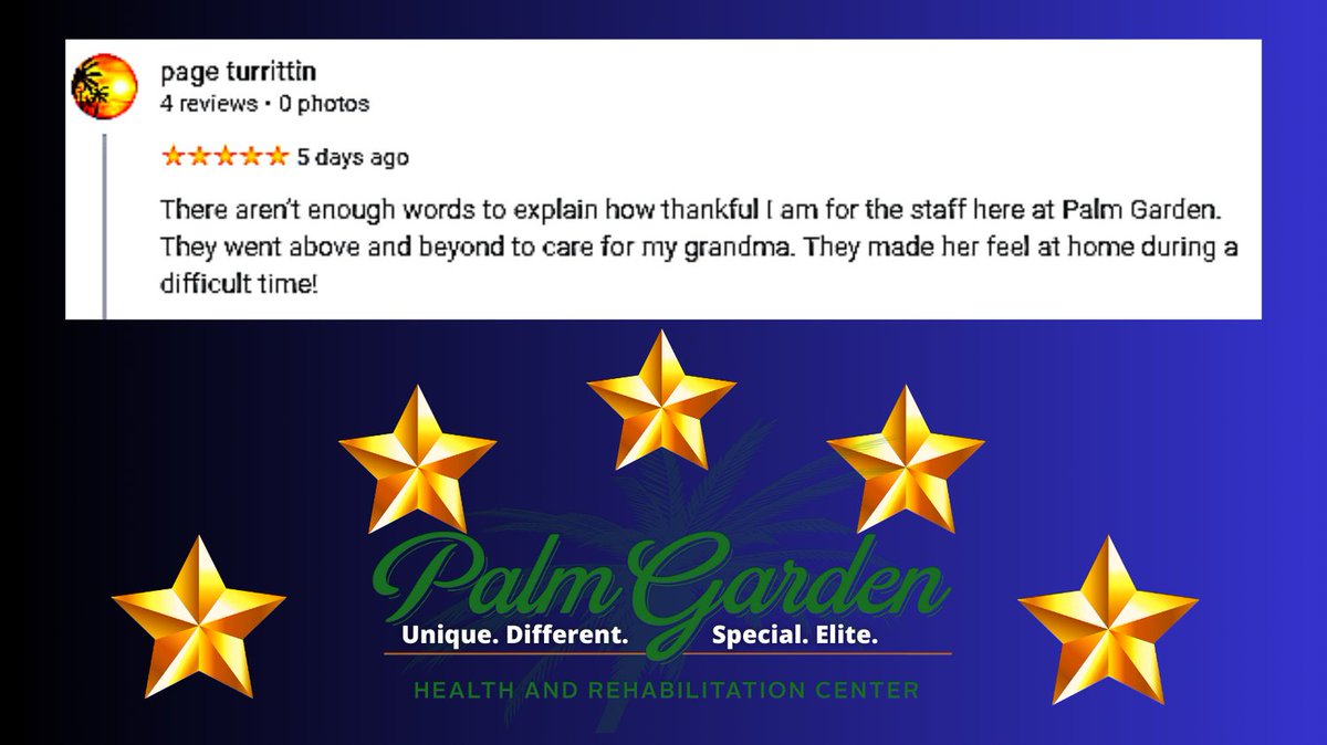 PalmGardenHC's tweet photo. "There aren't enough words to explain how thankful I am for the staff at Palm Garden. They made her feel at home during a difficult time!"
It's our pleasure, Page. #CelebratingLifeStories #ClinicalExcellence #PostAcute #Rehabilitation #LivingCenter #WeArePalmGarden https://t.co/IbRmpnC8m4