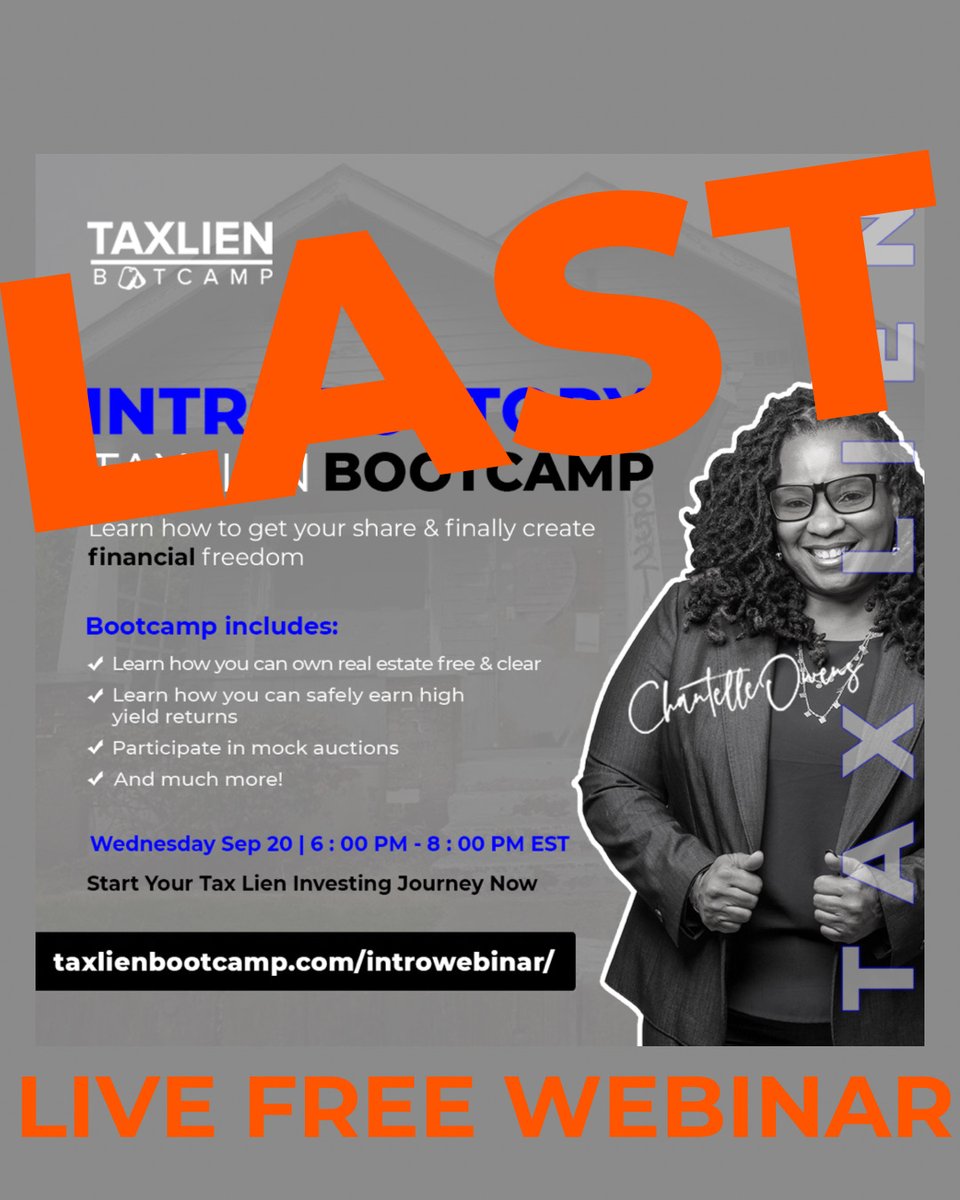 GATaxLienBC's tweet photo. Only a few hours away from our LAST FREE Introductory Tax Lien Bootcamp Live Webinar!!

Grab your spot NOW

Click link in Bio
https://t.co/NpRkw5ePUa https://t.co/LiGcSz5Rdp