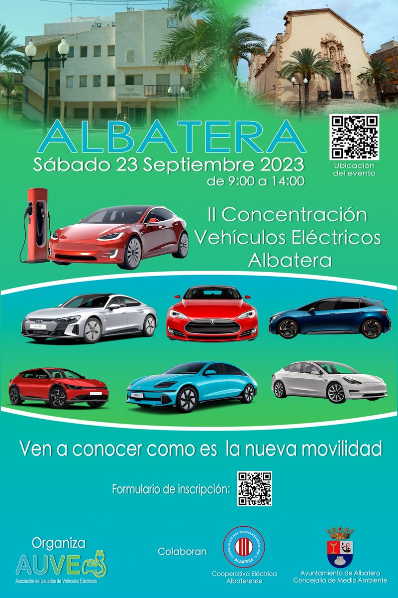 coopalbaterense's tweet photo. II Concentración Vehículos Eléctricos #Albatera 🚗
Una actividad enmarcada en las Jornadas de #Movilidad y #MedioAmbiente 🌱 con la colaboración de la Cooperativa Eléctrica Benéfica Albaterense

📅 Sábado 23 de septiembre
📍Plaza de España
⌚️De 9:00 a 14:00 https://t.co/rrhFNhhbBE