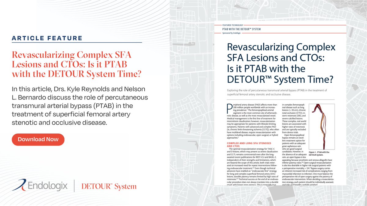 endologix's tweet photo. PTAB with the DETOUR System is clinically proven to be an effective treatment for patients with long complex SFA disease. EVT published an article that explores PTAB in the treatment of superficial femoral artery stenotic and occlusive disease.  #PTAB https://t.co/jKpcIiDtbh https://t.co/fxE33c41Zg