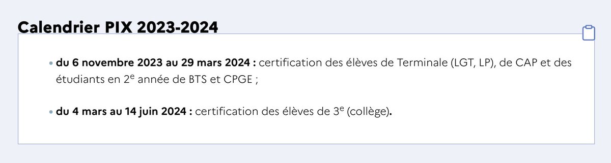 📢 📆 Calendrier de certification Pix 2023-2024 📆

​​​​​​​▶️ du 6 novembre 2023 au 29 mars 2024 : certification élèves de Terminale (LGT, LP), de CAP et étudiants en 2e année de BTS et CPGE ;

▶️ du 4 mars au 14 juin 2024 : certification élèves de 3e.

➡️ eduscol.education.fr/721/evaluer-et…