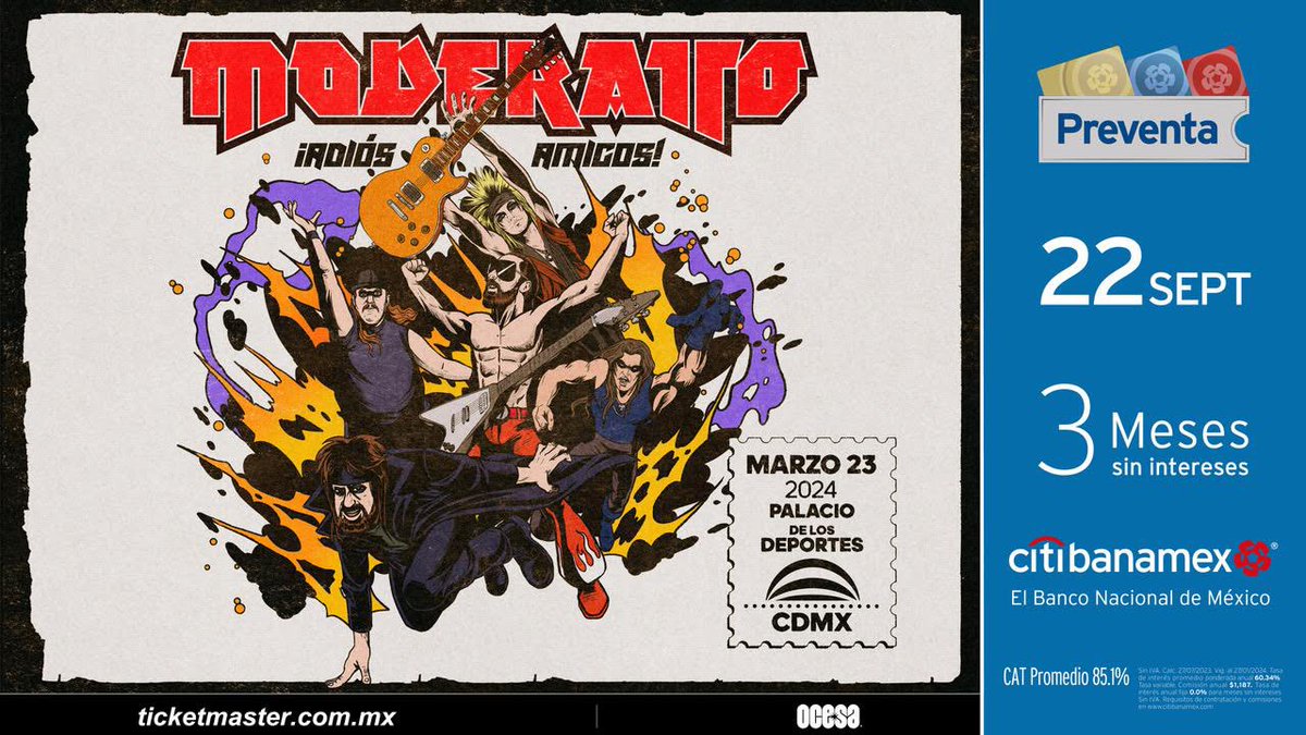 moderatto's tweet photo. Adiós Amigos - Marzo 23, 2024 - Palacio de los Deportes. 
Preventa Citibanamex: 22 de septiembre 
Venta general: 23 de septiembre 
@JayDeLaCueva @elohim_corona @eltalcha @marcellolara @alongtheriverun … Por siempre Moderatto. 
https://t.co/kXwhqfVUvA https://t.co/x2I2OBlUxU