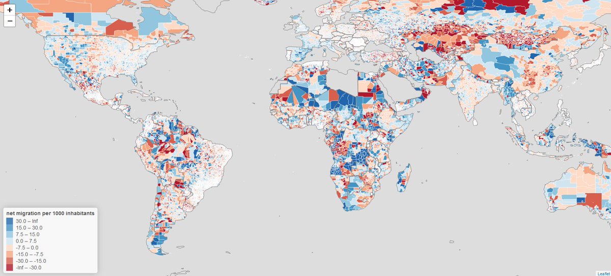 Great new dataset of estimated net migration at subnational and 10x10 km level for each year 
between 2000 and 2019. Based on birth rates, death rates, and population counts.

Paper: nature.com/articles/s4156…
Data: zenodo.org/record/7997134
Interactive map: wdrg.aalto.fi/global-net-mig…