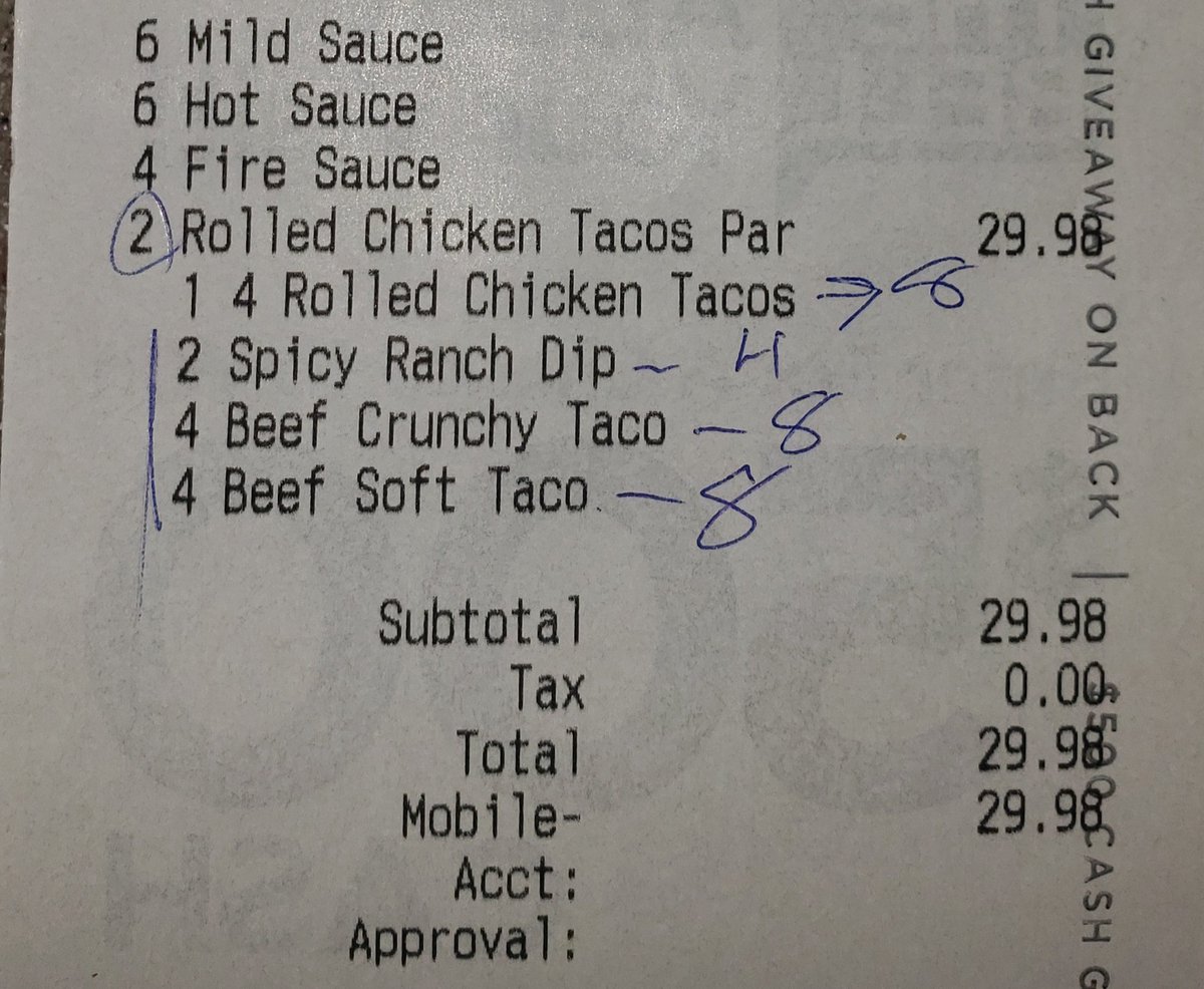 TEB_007's tweet photo. @tacobell get your shit together. Recieved 8 chicken Tacos 2 dips 4 crunchy and 4 soft because your tab spacing is horrendous and your employees can't read it properly. Just what I enjoy is grabbing a meal for the family only to find out I was shorted 15 miles and 30 min. later. https://t.co/hTDaVfkxnS