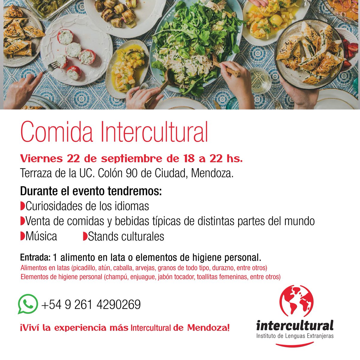ucongreso's tweet photo. Comida Intercultural 🍲🥘 @i_intercultural 

🗓️ Viernes 22 de septiembre
⏰18 a 22 hs.
📍 Terraza de la UC. Colón 90 de Ciudad, Mendoza.

🎟️ Entrada: 1 alimento no perecedero para realizar una acción solidaria

👉 Informes: 📲 02614290269
✉️ info@intercultural.com.ar https://t.co/NAUEhEPJCX