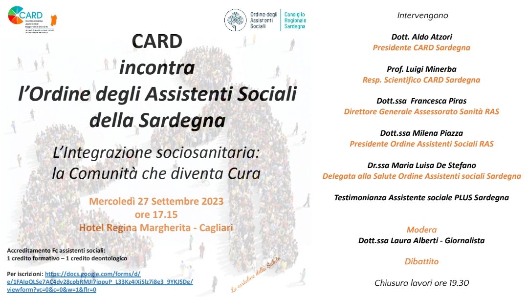 lminerba's tweet photo. Mercoledì 27 settembre dalle ore 17.15 presso l'hotel Regina Margherita, la CARD si confronta con l'ordine degli Assistenti sociali sui temi dell'integrazione sociosanitaria https://t.co/0FlzqTutJo
