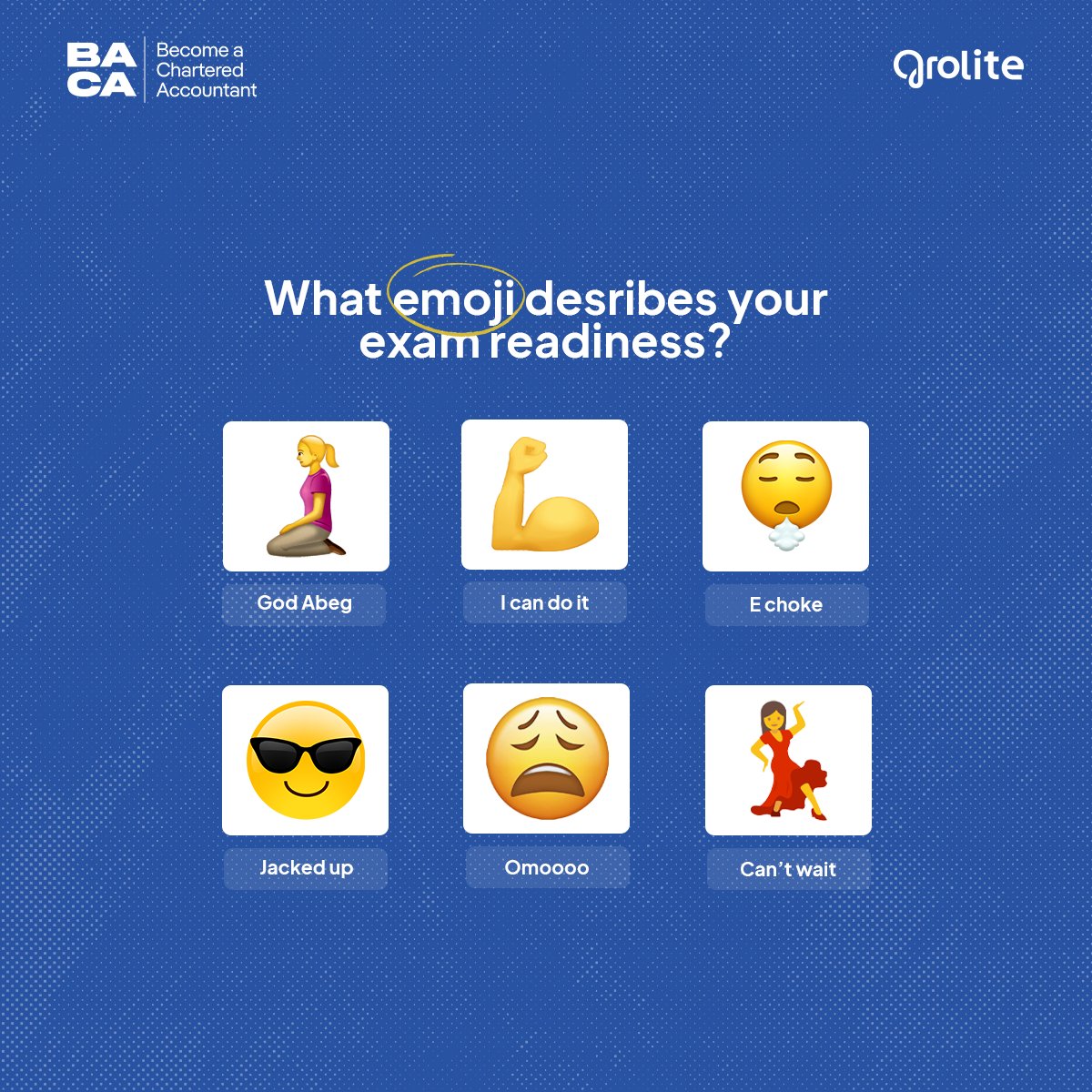 BecomeChartered's tweet photo. What emoji describes your exam readiness for your ican exams this nov diet?
Tell us about it in the comments belowπ
.
.
.
#grolite #BACA #emoji #reading #webapp #subscribe #prize #challenge #exciting #success #icanstudents #hardwork #consistency #dedication #youcandoit https://t.co/smeiQ0f6E6