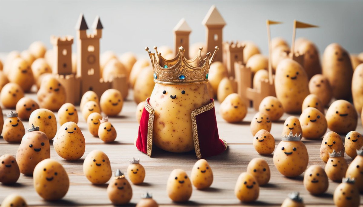 OpenAI's tweet image. "Tiny potato kings wearing majestic crowns, sitting on thrones, overseeing their vast potato kingdom filled with potato subjects and potato castles."