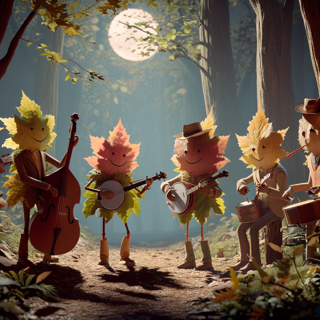 "A 2D animation of a folk music band composed of anthropomorphic autumn leaves, each playing traditional bluegrass instruments, amidst a rustic forest setting dappled with the soft light of a harvest moon."