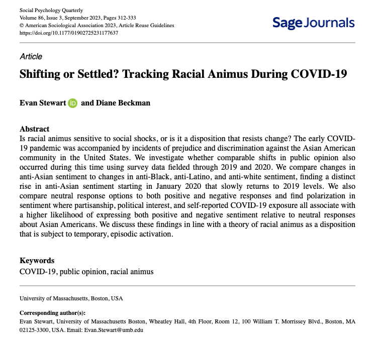 Check out our new article- “Shifting or Settled? Tracking Racial Animus During COVID-19” by Evan Stewart and Diane Beckman in #SPQ! <a href="/EvanStewart23/">Evan Stewart</a> <a href="/DianeBeckman1/">Diane Beckman Ⓥ</a> <a href="/ASAnews/">ASA Sociology</a>
<a href="/ASASocPsych/">Social Psychology Section - ASA</a> <a href="/dawn_t_robinson/">Dawn T Robinson</a> @coreydfields <a href="/jclayw/">Jody Clay-Warner</a> <a href="/JustineTinkler/">Justine Tinkler</a>