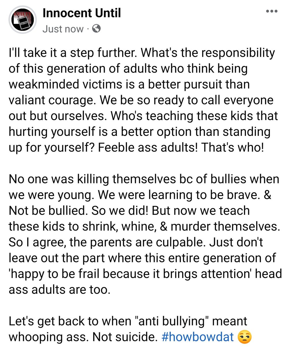 _InnocentUntil_'s tweet photo. @0riettaRose I'll take it a step further. Because it's nt just "parents. This entire generation of obsessed w/ victimhood, weak minded adults is culpable. We popularized "frailty." Not kids or just parents.
Let's get back to when "anti bullying" meant whooping a**. Not suicide. #howbowdat 😒 https://t.co/sAQI0IZ7yE