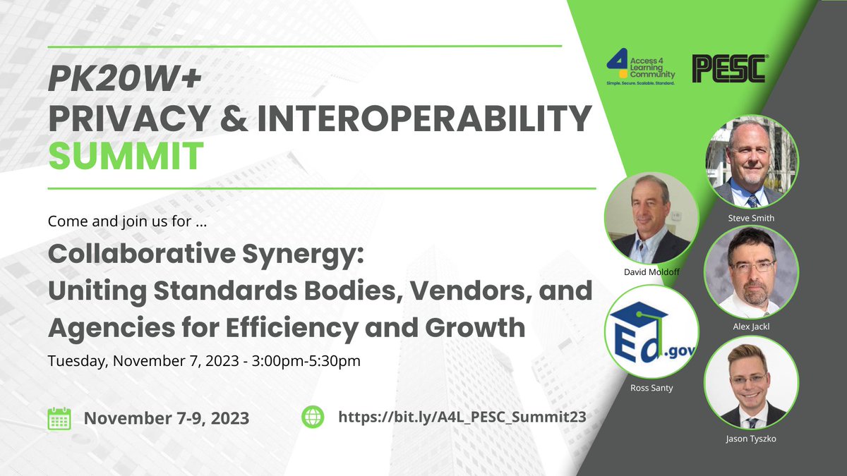 Join us at the #A4LPESCsummit23 Opening Session on 11/7/23!
bit.ly/3LrLLBJ

Intros:
STEVE SMITH <a href="/SDPConsortium/">StudentDataPrivacy</a> @A4Ltweets
DAVID MOLDOFF <a href="/a1company/">AcademyOne, Inc.</a>

Moderator:
ALEX JACKL, BardicSystems

Speakers:
ROSS SANTY <a href="/EdNCES/">NCES</a>
JASON TYSZKO <a href="/USCCFoundation/">U.S. Chamber of Commerce Foundation</a> 

<a href="/ssmithcambridge/">Steve Smith</a> <a href="/ajackl/">Alex Jackl</a>