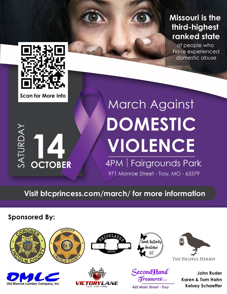 PrincToken's tweet photo. Be sure to come by the #2023DomesticViolenceMarch in Troy, Missouri, October 14 at 4pm. Food, fun and games before the march!  https://t.co/GttemmWbN1 @TroyBuchananHS @LincolnCountyHD #domesticviolence #btcprincess https://t.co/aLgUsFn56S