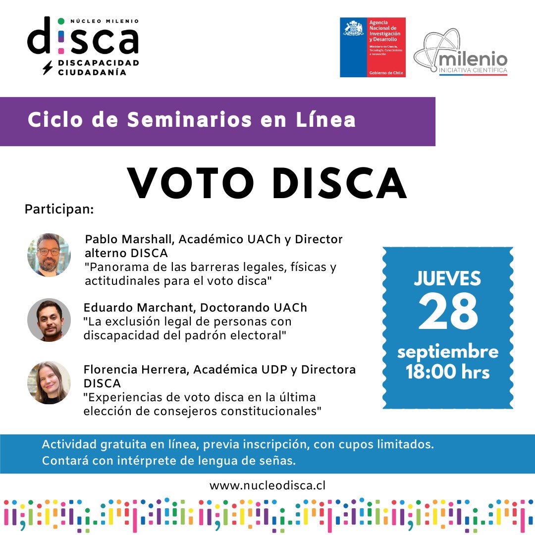 Inscríbete aquí para asistir al nuestro nuevo seminario en línea: VOTO DISCA, una conversación sobre las experiencias de voto, barreras legales y actitudinales hacia las personas con discapacidad. 

👉🔗 forms.gle/fDxFcyJvDUu4fV…