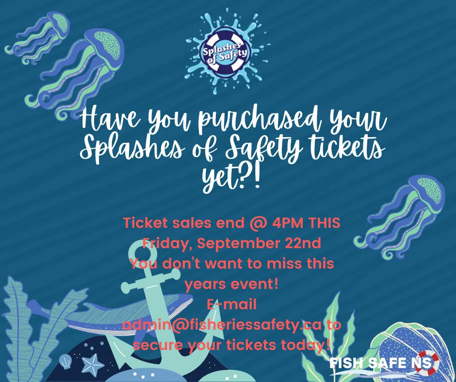📣 ONLY 2 DAYS LEFT TO GET YOUR SPLASHES OF SAFETY TICKETS! 📣

Contact us at admin@fisheriessafety.ca to get your tickets before it’s too late ⚓️