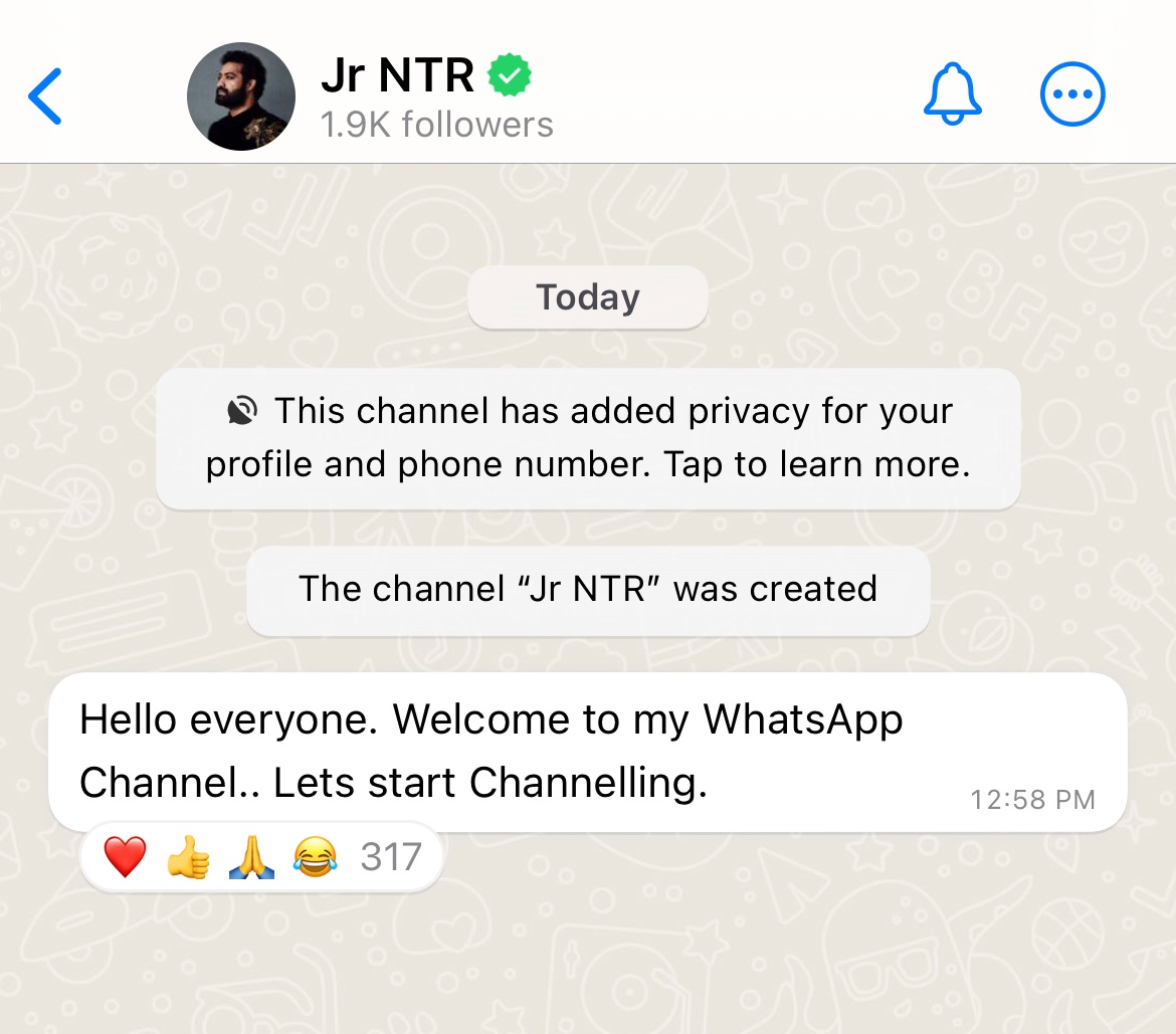 NTRFanTrends's tweet photo. Our Man Of Masses @tarak9999 Is Now On @WhatsApp Channels 🐯

Follow &amp; On The Notifications 🔥

#ManOfMassesNTR https://t.co/USJ1lci8j0