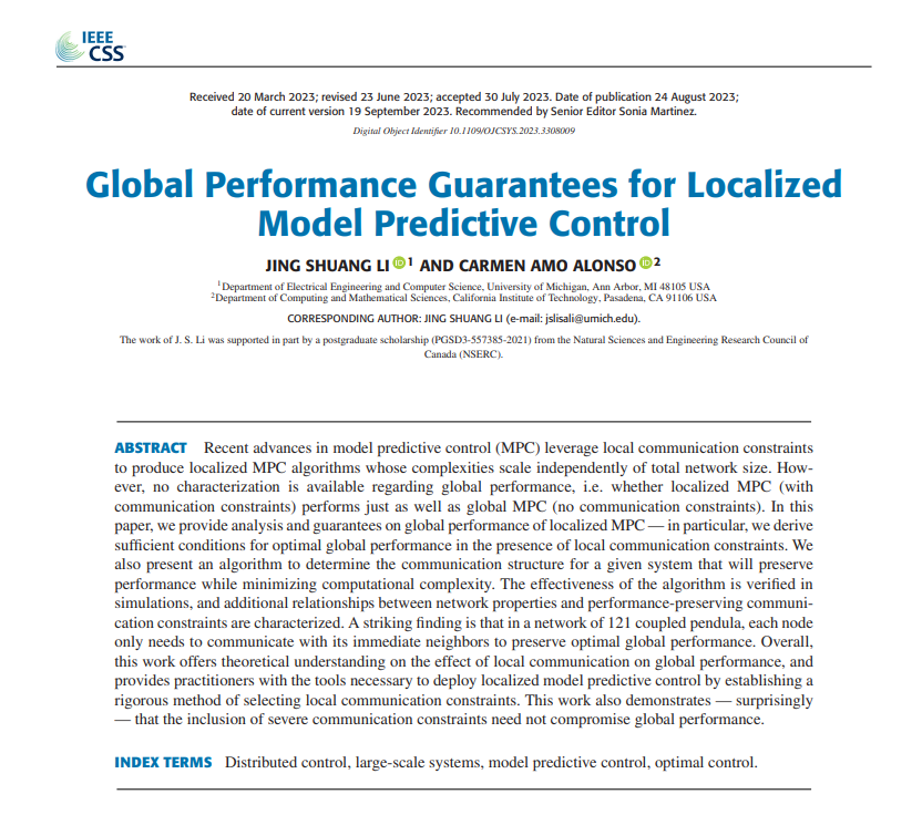 IEEE_OJCSYS's tweet image. Title: Global Performance Guarantees for Localized Model Predictive Control
Authors: Jing Shuang Li; Carmen Amo Alonso
Date of Publication: 24 Aug 2023
Link: ieeexplore.ieee.org/document/10229…
#predictivecontrol #optimization #distributedcontrol #convergence #largescalesystems