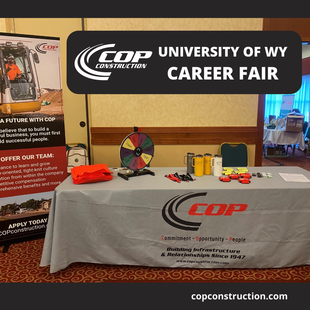 COP is attending UW's career fair for the first time. Impressive! Stop by to see Haley before 3:00 today. 
#WeAreCOP #COPfamily #COPlife  #constructioncareers #nowhiring #utahjobs #montanajobs #LetsBuildMT #WeBuildUtah   #Wyoming #UWyo #OneWyoming #GoWyo #GoPokes