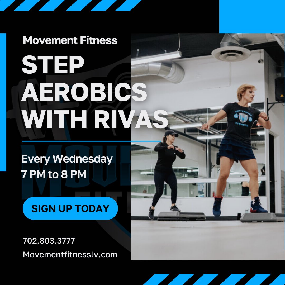 Step up your game with Rivas every Wednesday from 7-8pm at Movement Fitness! Elevate your fitness and your mood in our weekly step aerobics class. 

Call 702.803.3777 for more information on how to sign up!  

#WorkoutWednesday #movementfitnesslv #lasvegasfitness #lasvegasgym