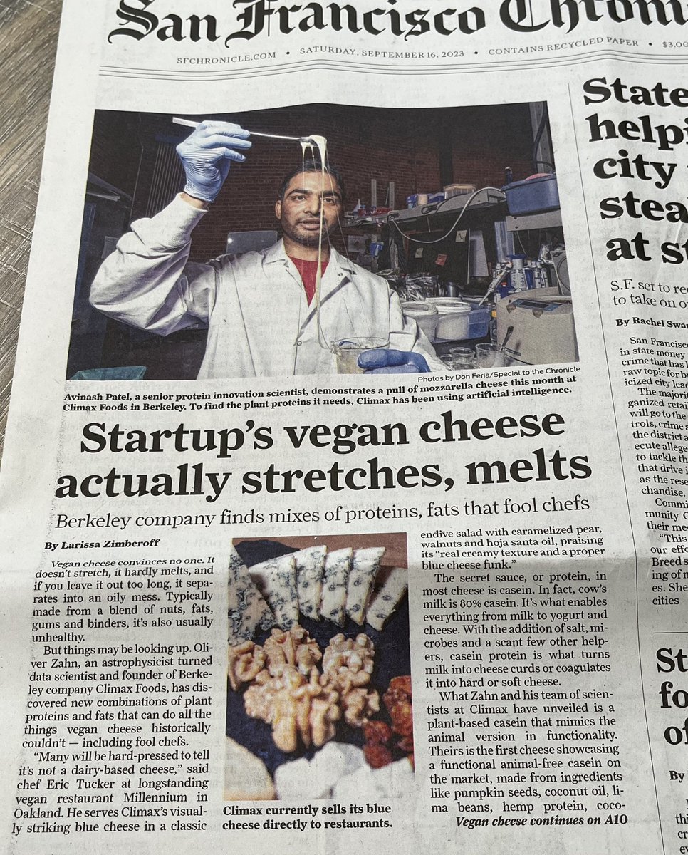 Delicious vegan cheese is 100% front-page news. Here’s my latest #foodtech story about @ClimaxFoods. Thank you @sfchronicle.
